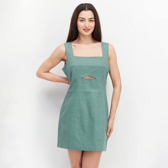 New Avec Les Filles Linen Blend Cut-Out Mini Sheath Dress Sage Green Size M - Picture 1 of 11